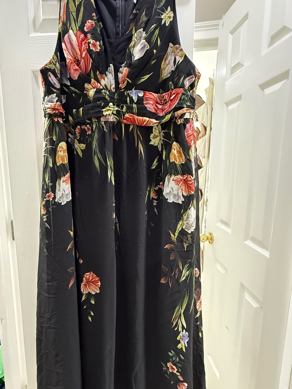 Black Floral Maxi Dress with V-Neck and Gathered Waist